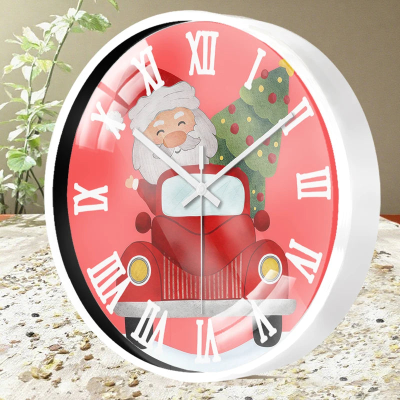 Cute Santa Cartoon Round Wall Clock — Silent Hanging Decor for Kids Rooms