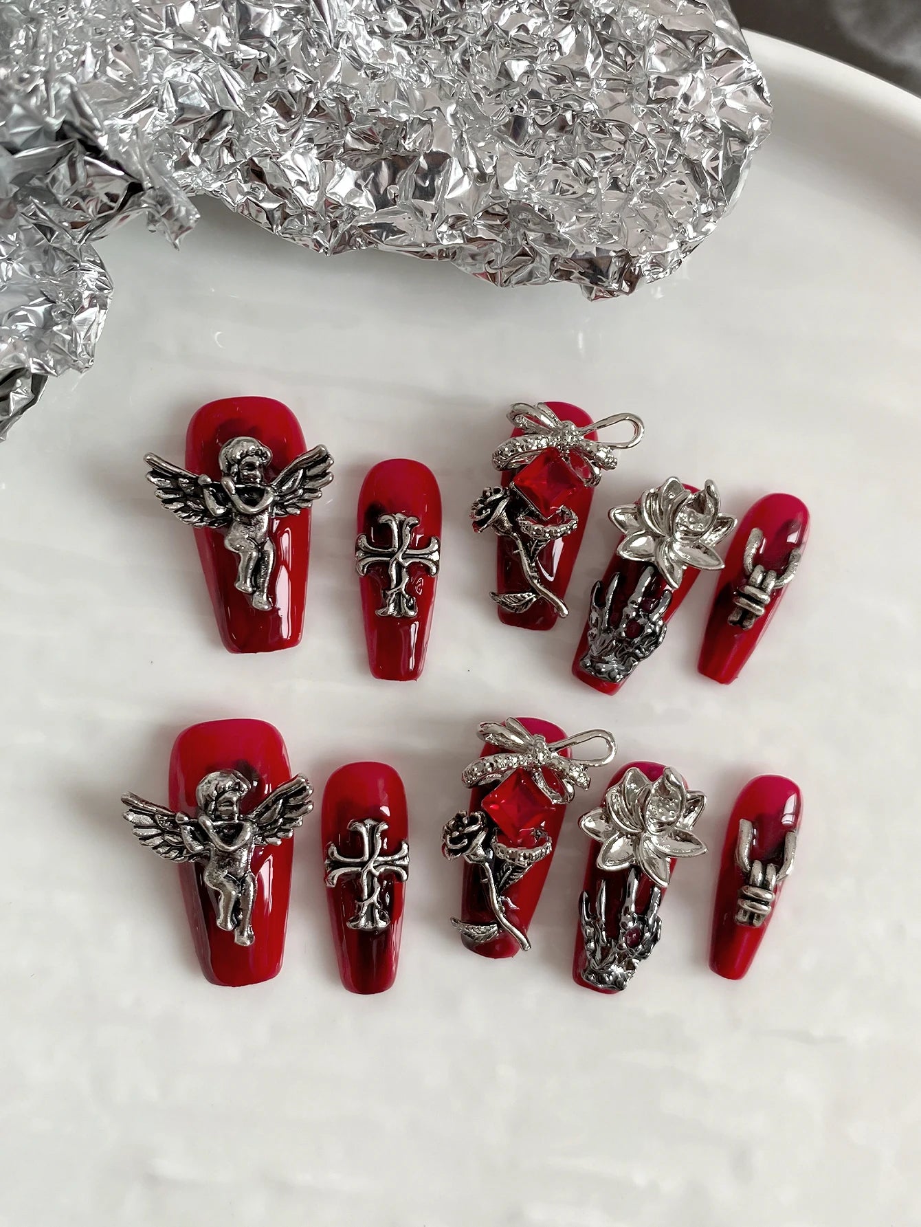 Long Coffin Press-On Nails — Gothic Red Style with 3D Metal Accents