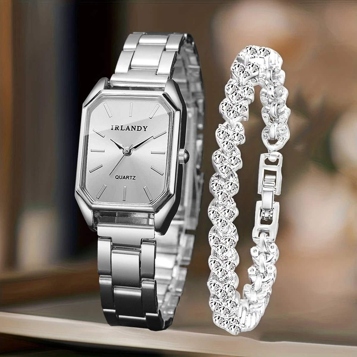 Women's Rectangle Quartz Watch and Rhinestone Bracelet Set — Elegant Jewelry Duo