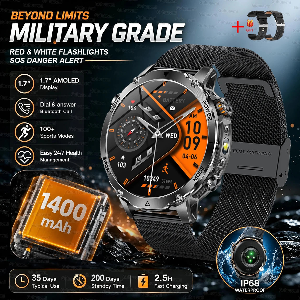 GUHUAVMI Military Smartwatch — 1400mAh Battery with GPS & Flashlight