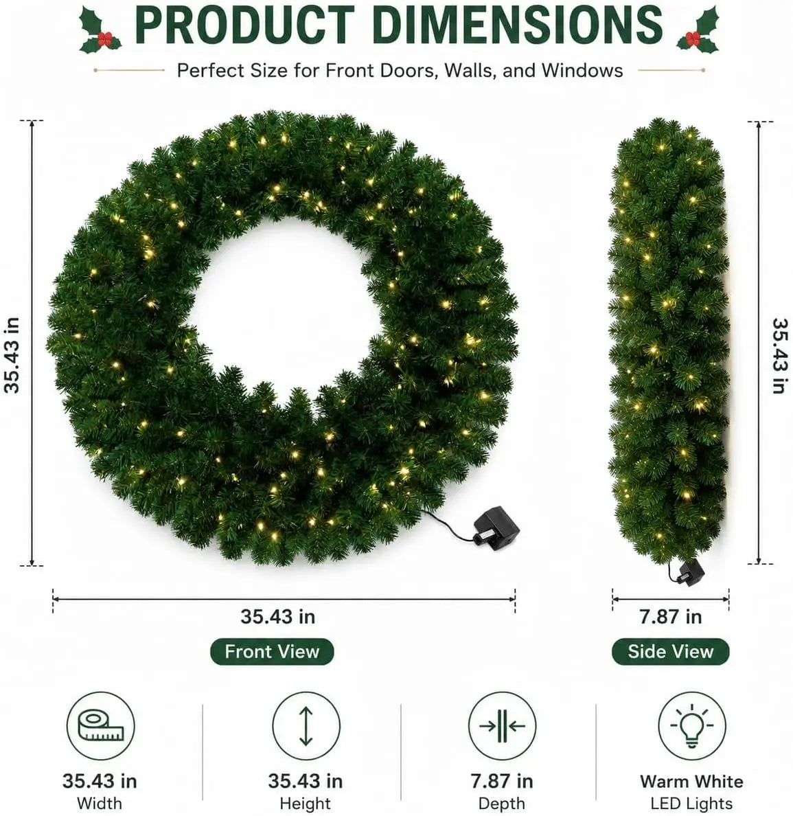 Artificial Pine Christmas Wreath — Prelit LED Greenery for Holiday Decor