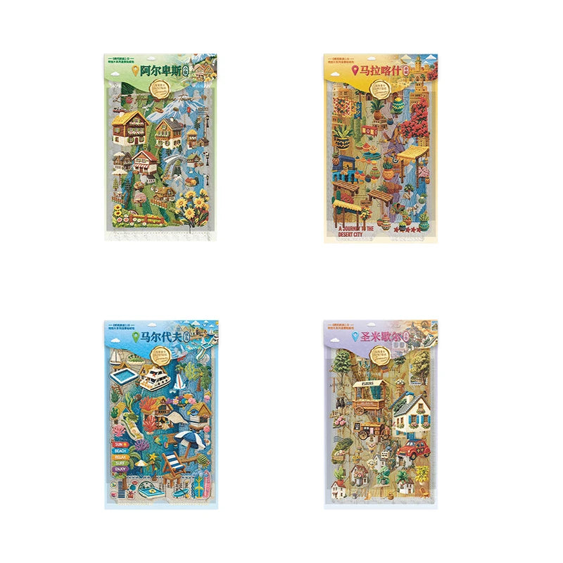 Cartoon Travel Scene Stickers — Reusable PET Decals for DIY Crafts
