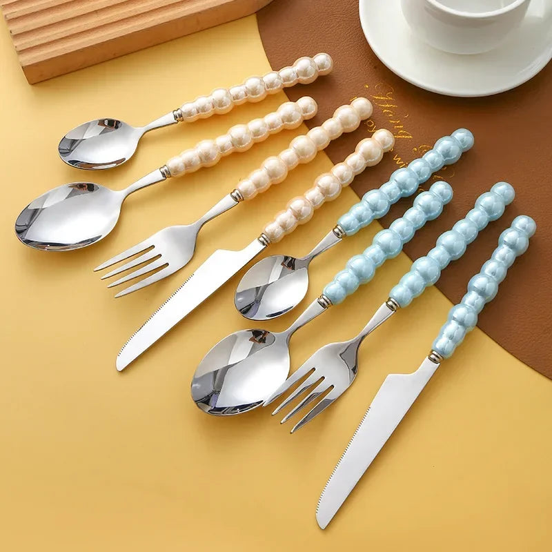 Luxury Ceramic Pearl Handle Cutlery Set — Stainless Steel Spoon and Fork Set