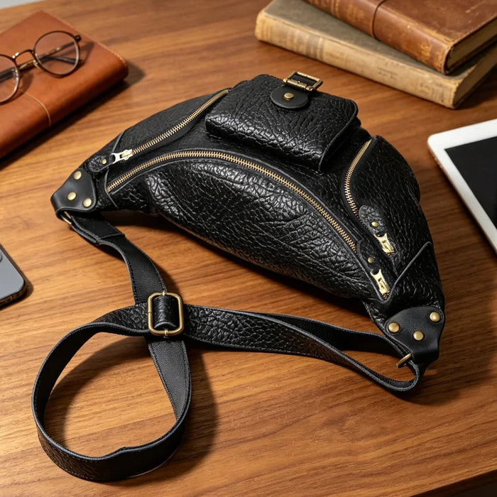 Genuine Leather Men's Chest Bag — Multi-Pocket Crossbody Shoulder Pack