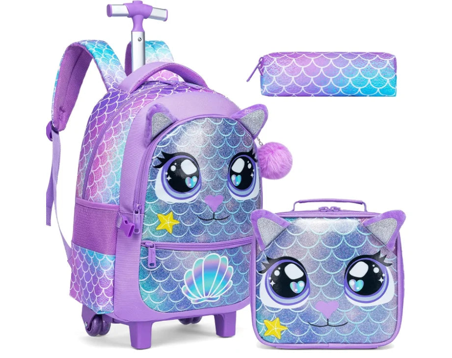 Children's 3-in-1 Travel Trolley Backpack — Wheeled School Luggage with Lunch Bag