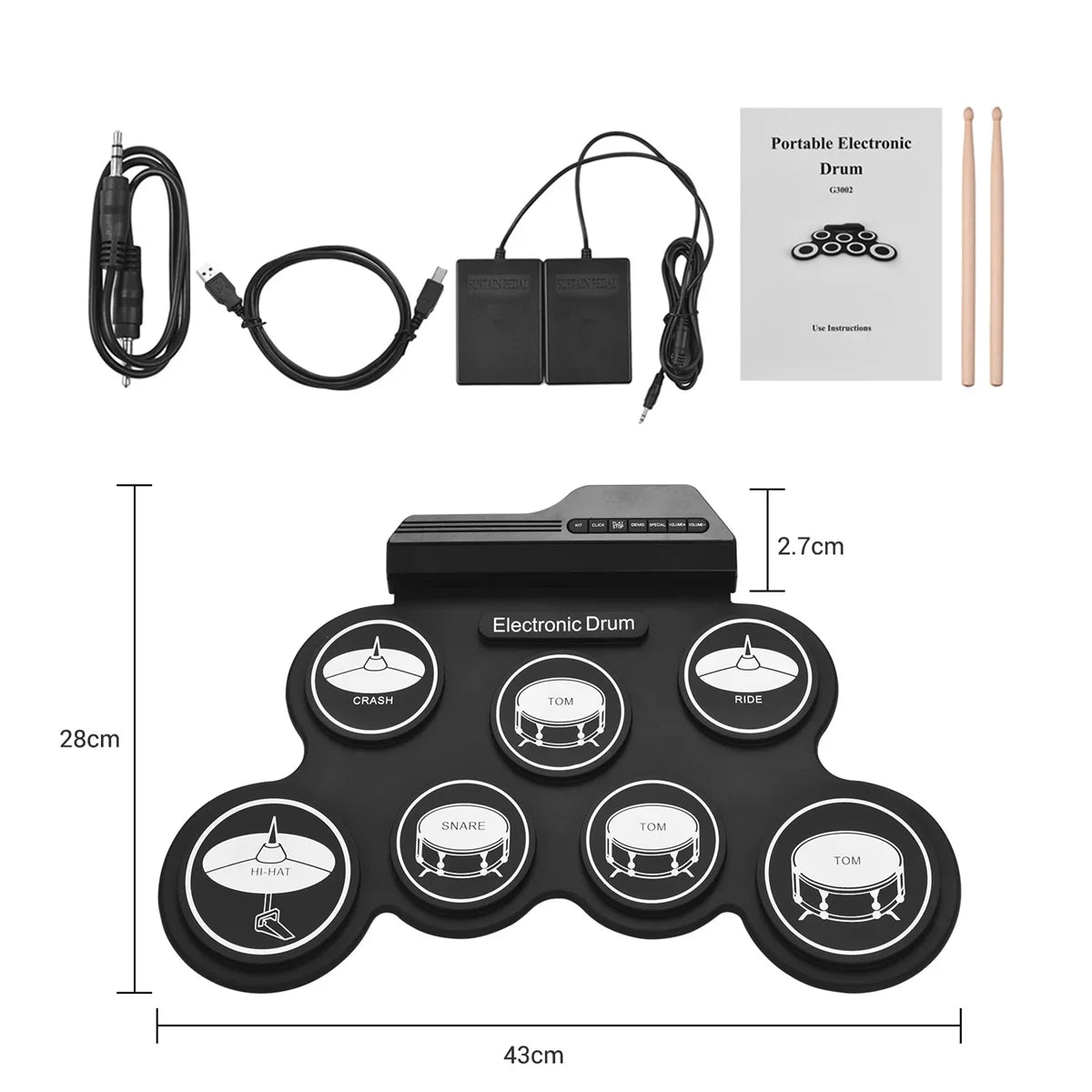 Miwayer Portable Electronic Drum Pad — Foldable Silicone Practice Kit