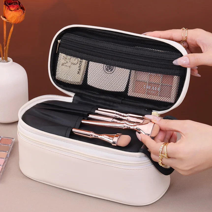 Double Layer Cosmetic Bag — Large Capacity PU Leather Makeup Organizer