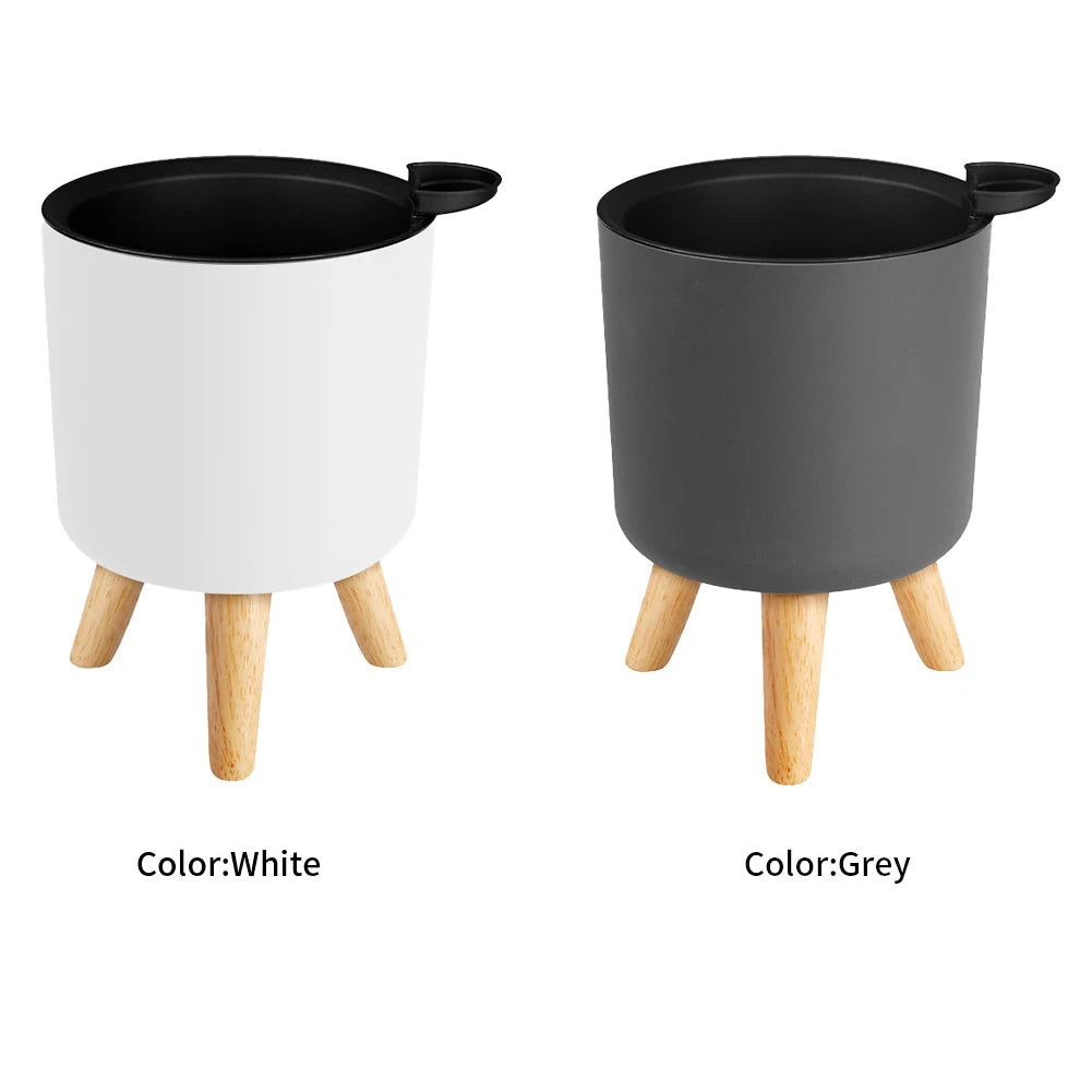 HOUSEEN Self-Watering Round Flower Pot — Modern Planter with Wooden Legs