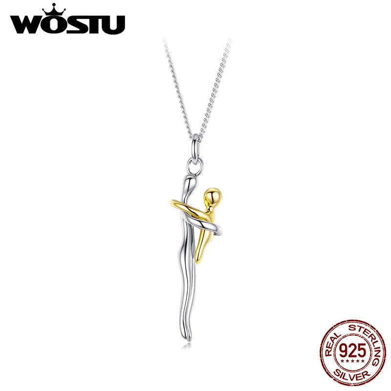 WOSTU Sterling Silver Hug Embrace Pendant — Two-Tone Matching Family Necklaces