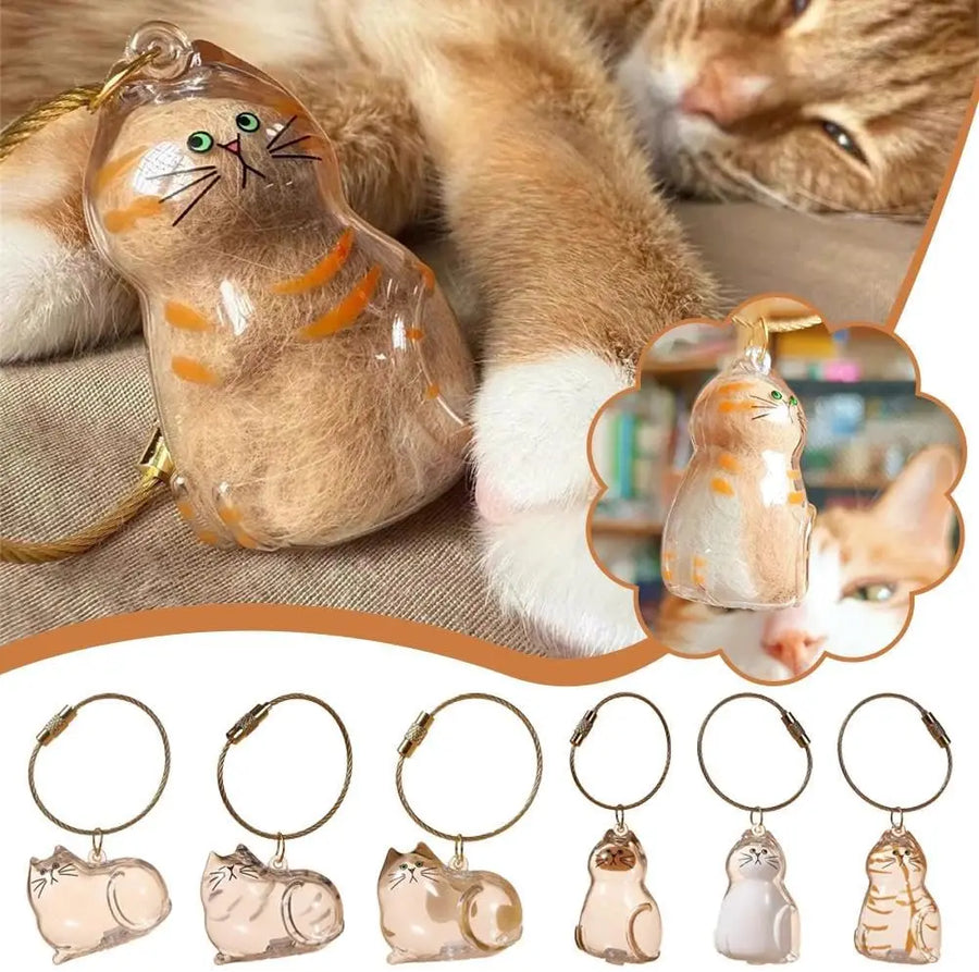 Cat Shaped Memorial Keepsake Charm — Pet Hair Storage Keychain Pendant