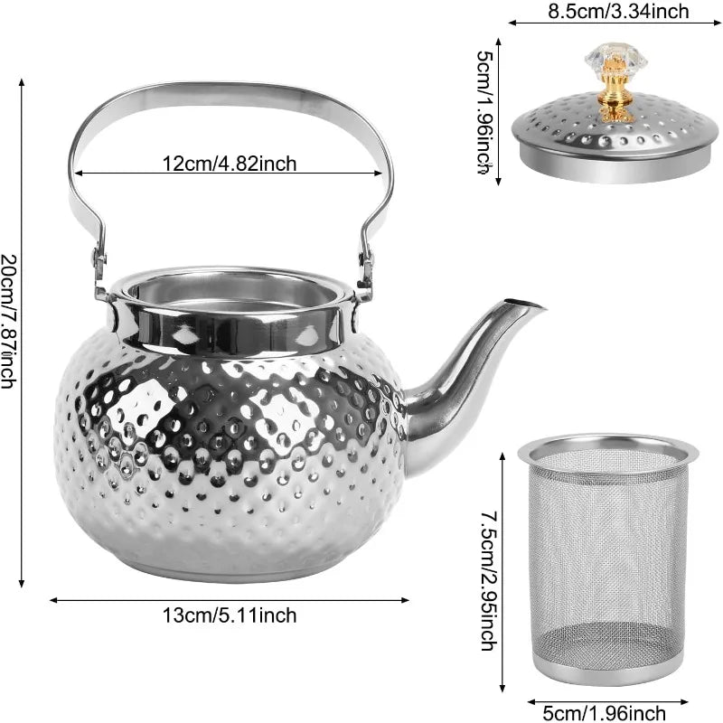 Hammered Stainless Steel Tea Kettle — Vintage Style Pot with Strainer