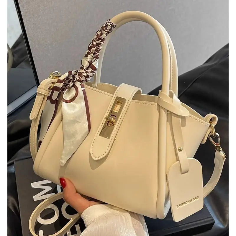 Elegant Leather Top Handle Handbag — Versatile Shoulder Purse with Silk Scarf