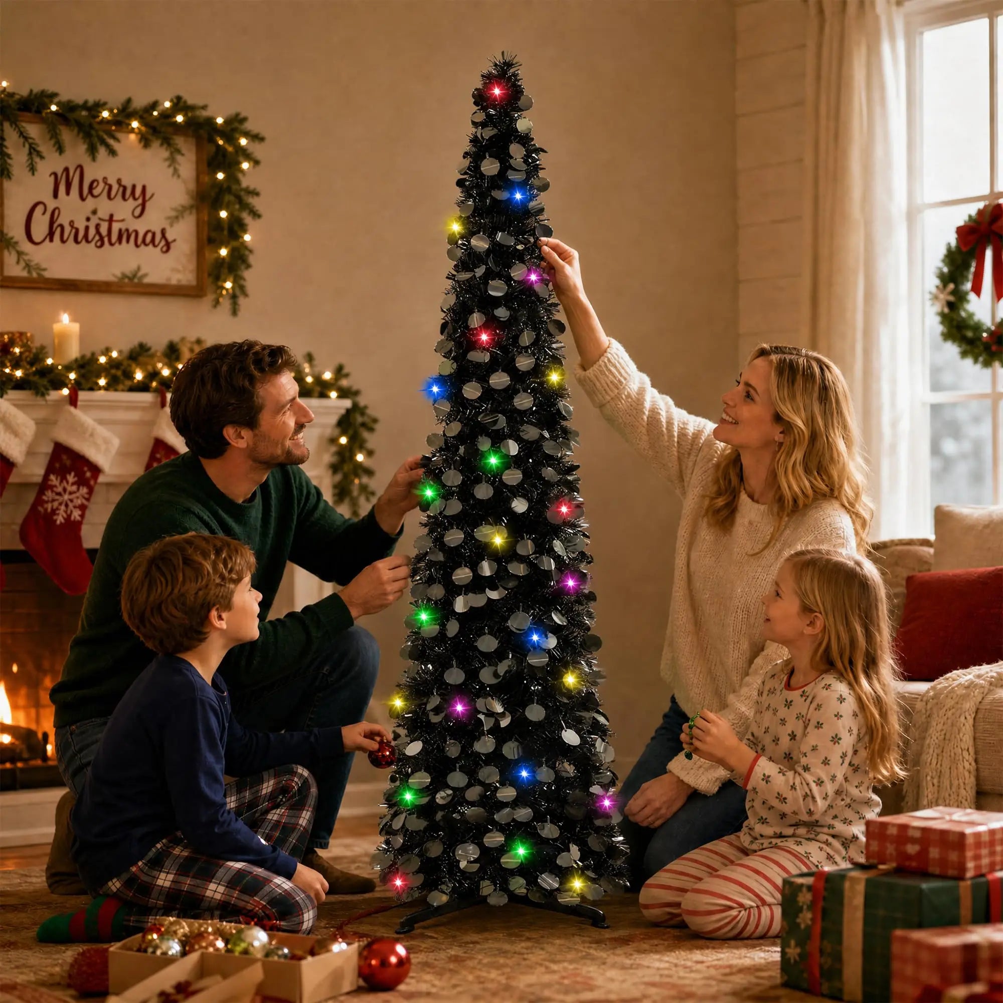 Garvee 5FT Slim Tinsel Christmas Tree — Pre-Lit LED Pencil Tree for Small Spaces