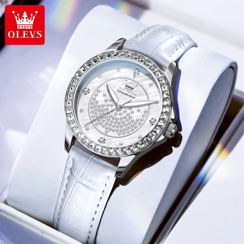 OLEVS Women's Luxury Quartz Watch — Diamond Accents & Leather Strap