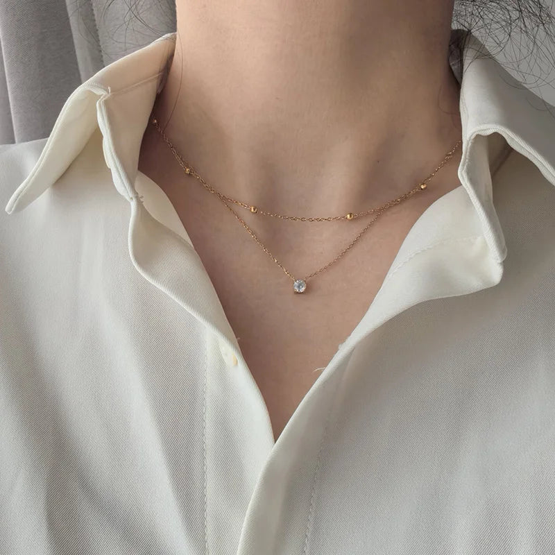 Double-Layer Stainless Steel Necklace — Elegant CZ Pendant with Beaded Detail