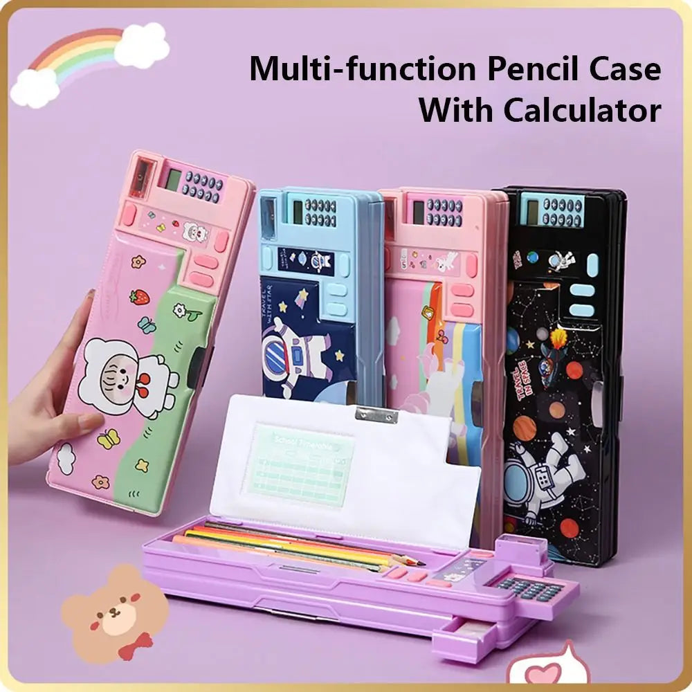 Multifunctional Plastic Pencil Case — Built-in Calculator and Sharpener