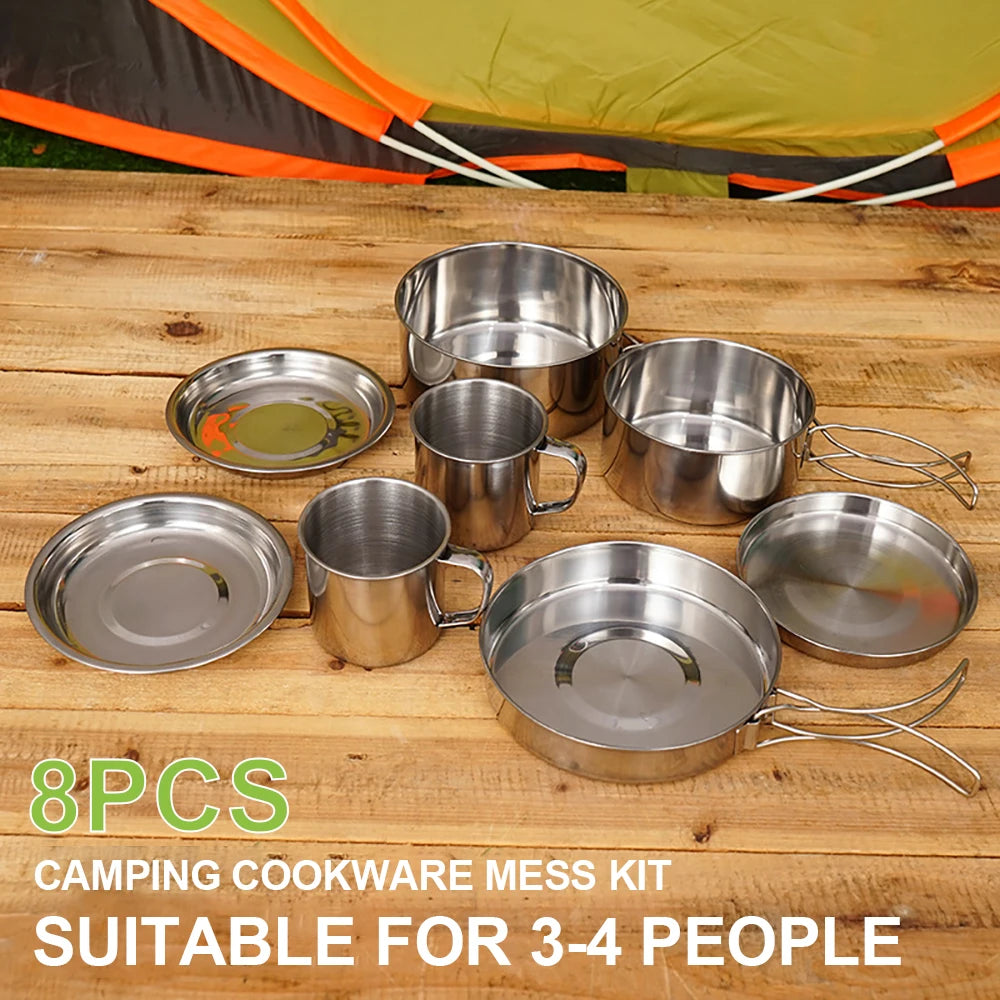 8-Piece Stainless Steel Camping Cookware Set — Compact Mess Kit for Outdoor Dining