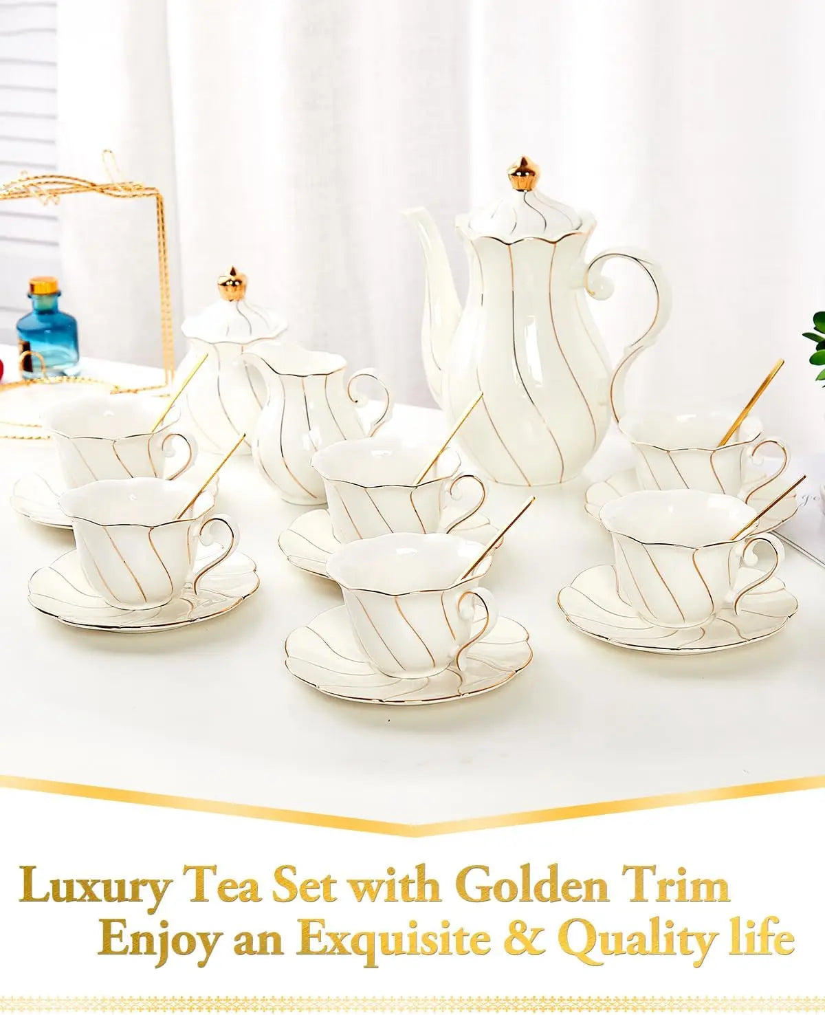 IOSN Luxury White Porcelain Tea Set — 22-Piece British Style with Gold Trim