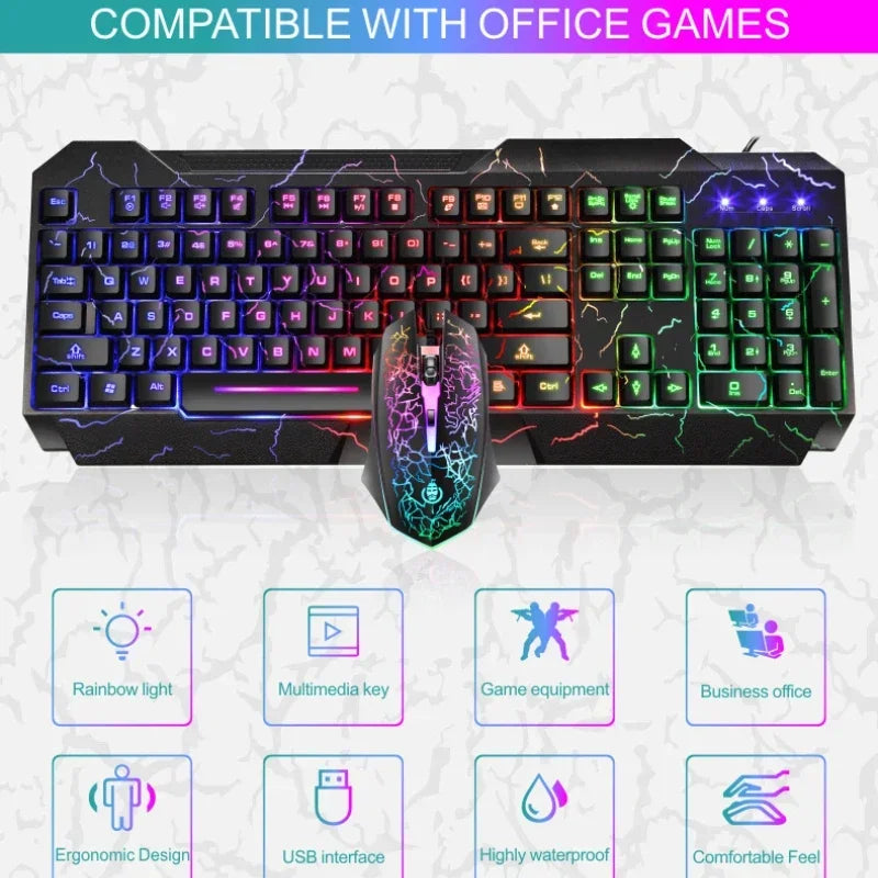 Wired Gaming Keyboard and Mouse Combo — LED Backlit Mechanical Feel Set