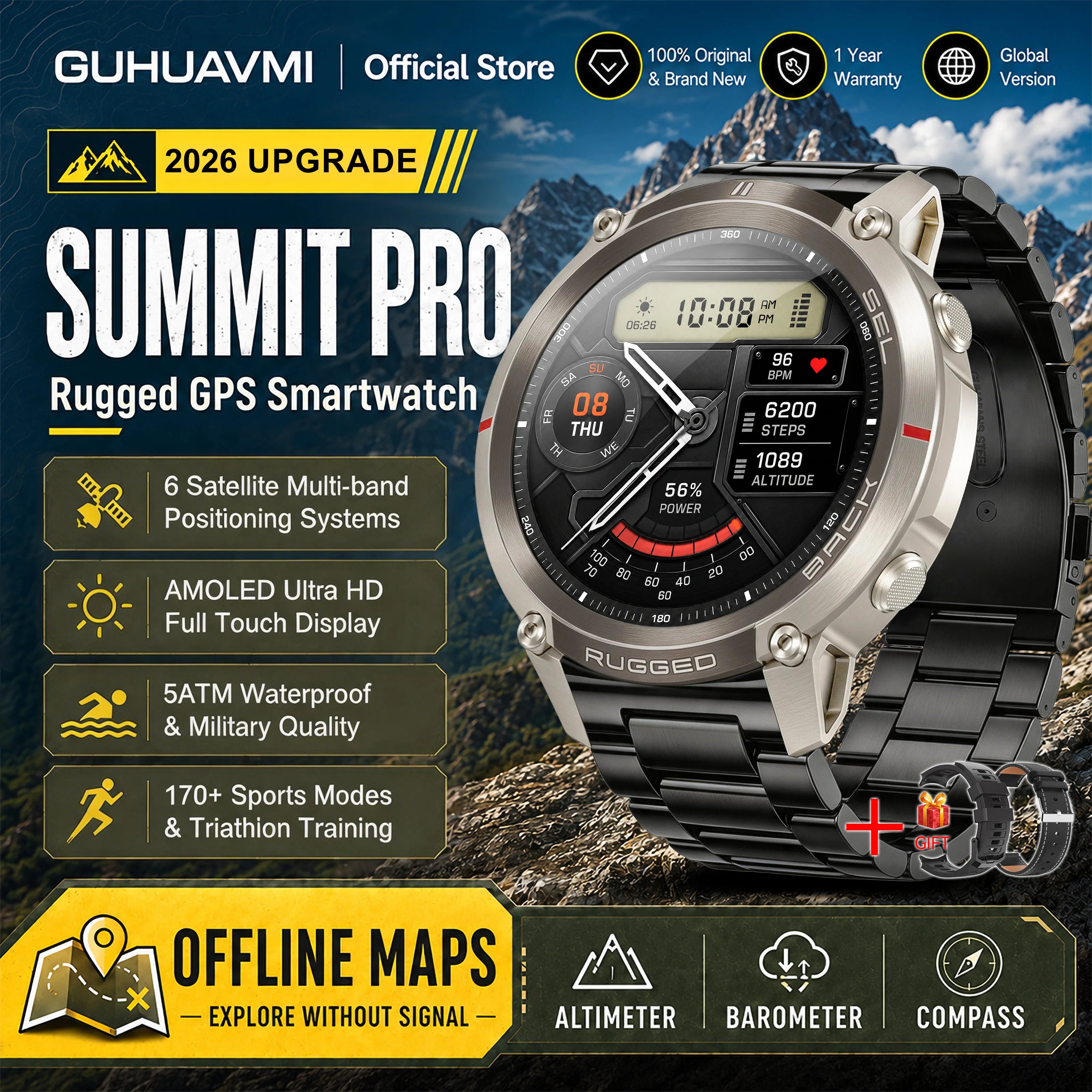 GUHUAVMI Military GPS Smartwatch — Offline Map & 5ATM Waterproof Sports Watch