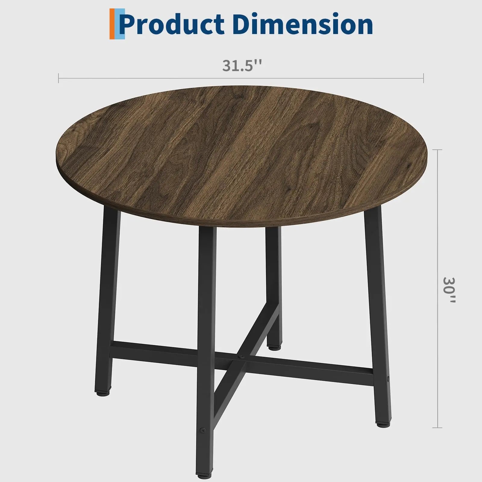Round Dining Table — Industrial Farmhouse Wood Kitchen Table, Black Walnut Brown