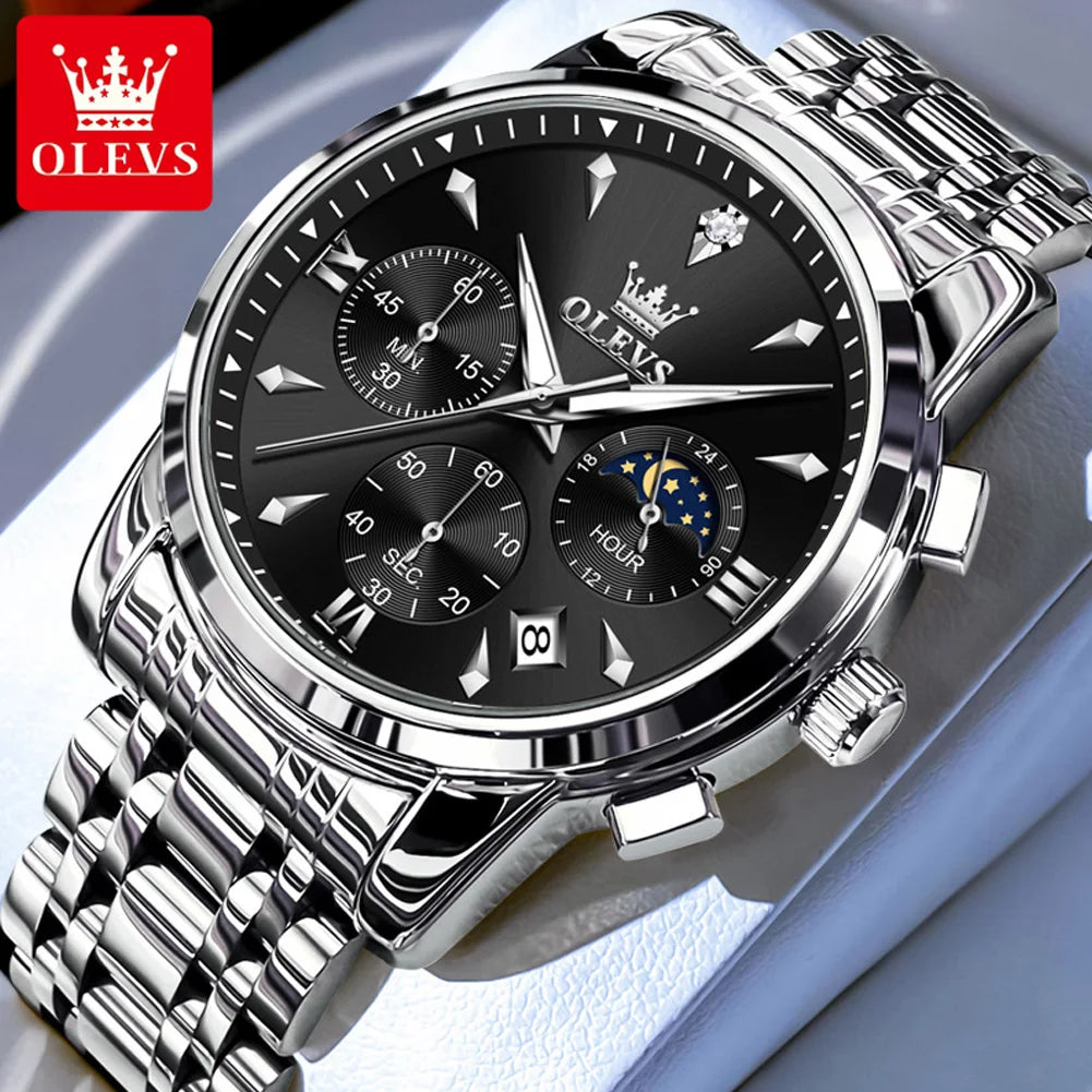 OLEVS 3639 Luxury Quartz Watch — Stainless Steel Moon Phase Men's Timepiece