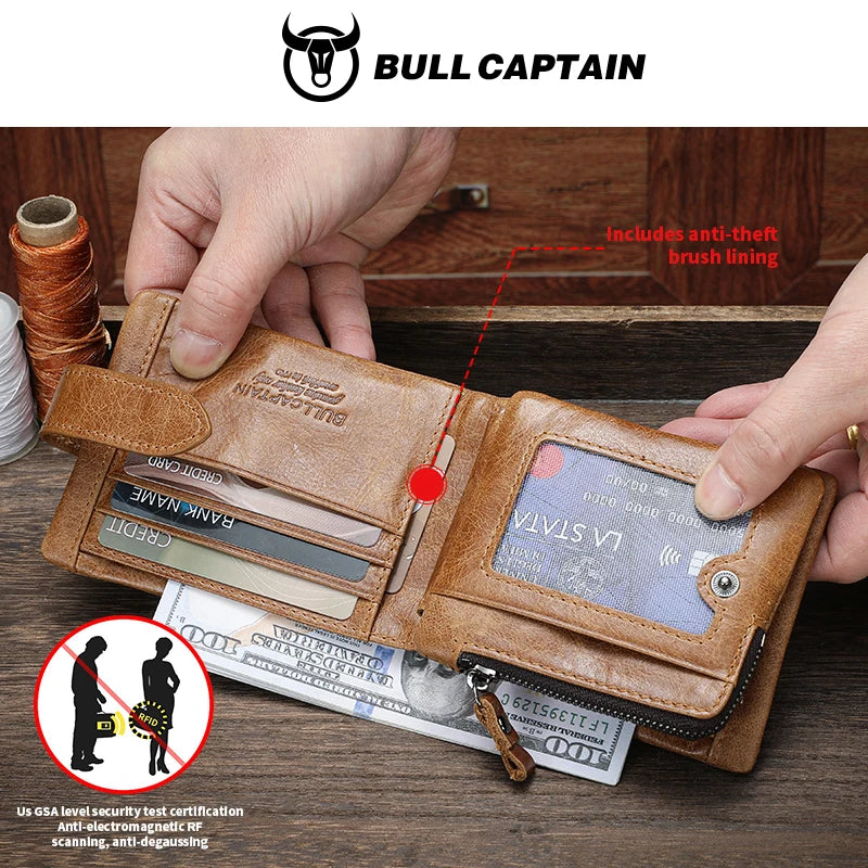 BULLCAPTAIN Genuine Leather Wallet — RFID Blocking Men's Short Bifold