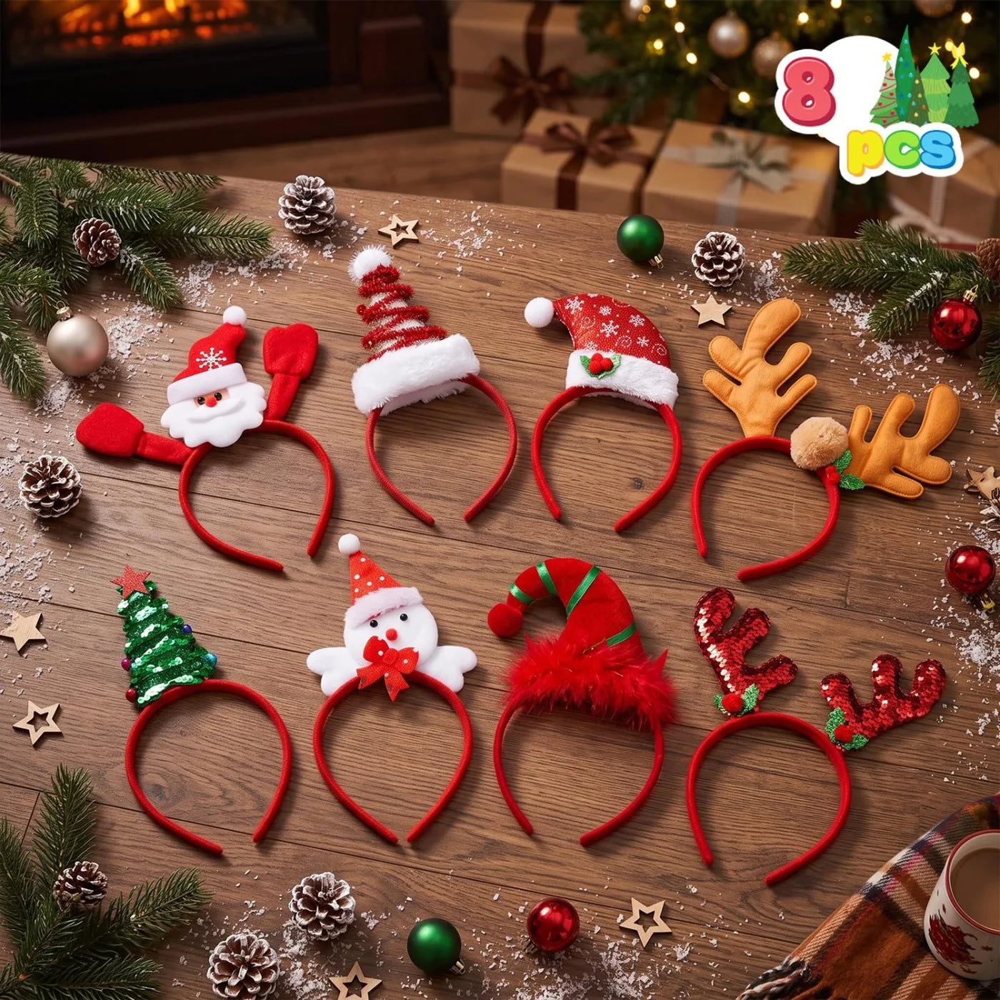 Joyfy Christmas Headband Set — 8 Piece Holiday Party Accessory Kit