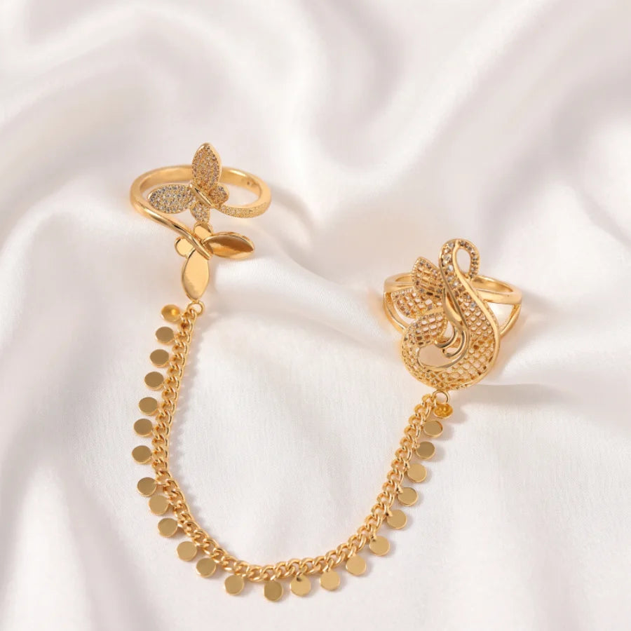 Obega Boho Ethnic Two-Finger Statement Ring — Filigree Butterfly & Peacock Design
