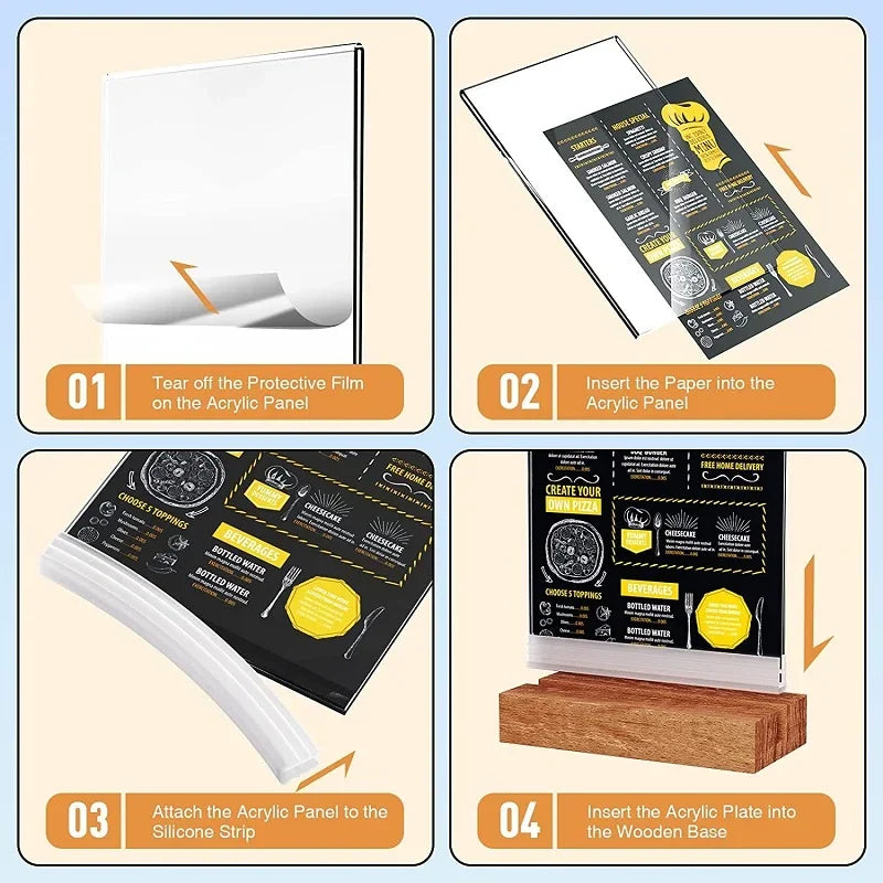 Acrylic Sign Holder with Wooden Base — Double-Sided Tabletop Display Stand