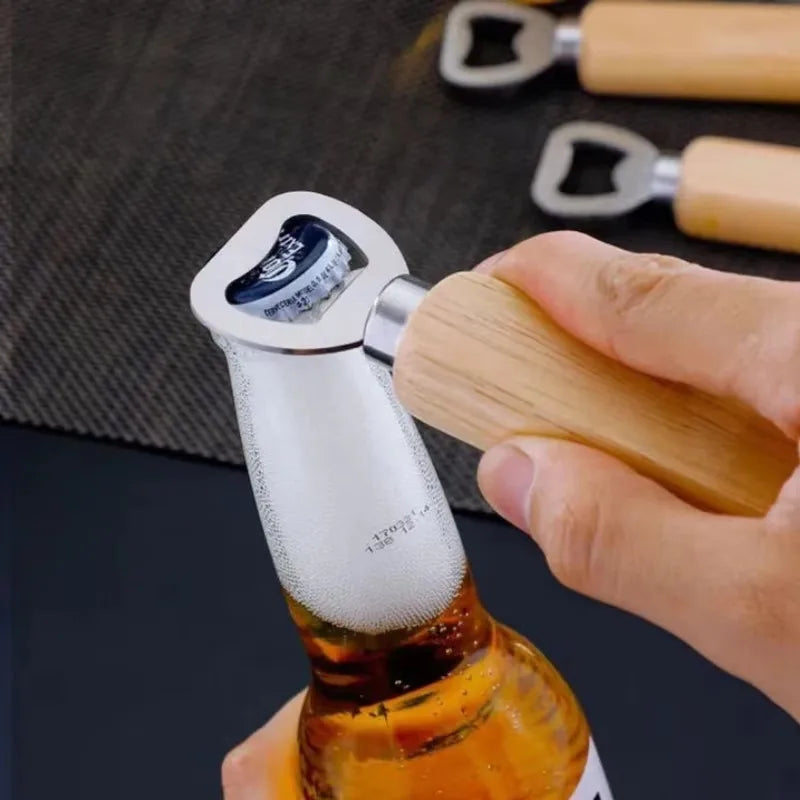 Stainless Steel and Wood Bottle Opener — Durable Manual Kitchen Tool
