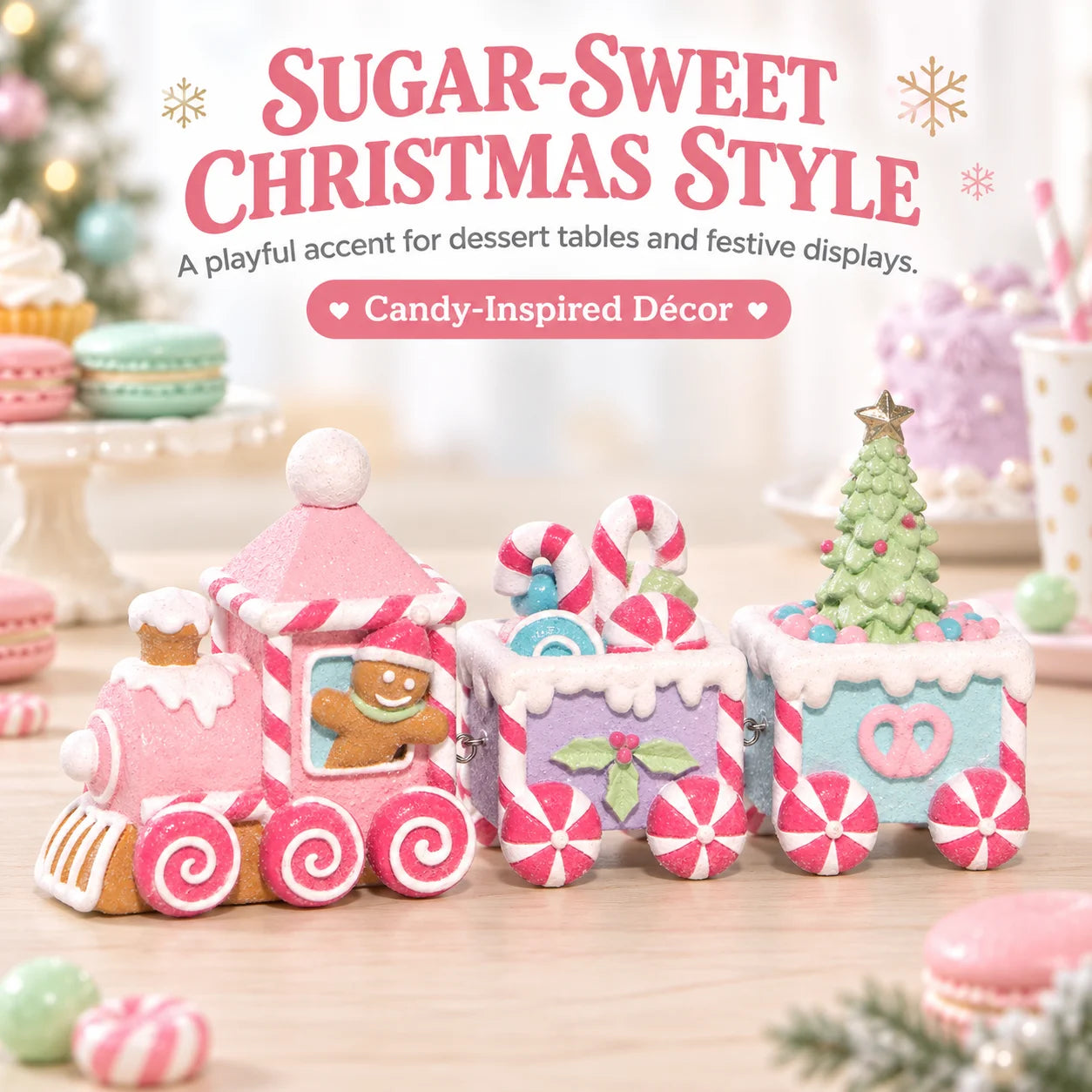 Hodao Gingerbread Christmas Train Set — 3-Piece Sweet-Themed Resin Figurine