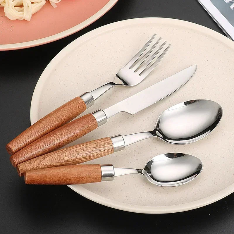 4-Piece Sapele Wood Handle Cutlery Set — Stainless Steel Knife Fork & Spoon