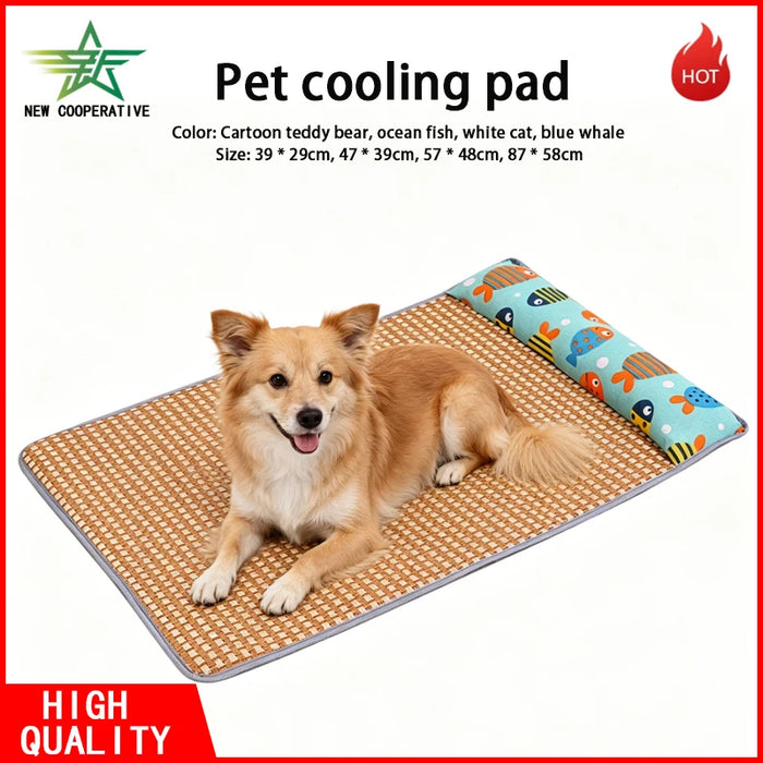 Pet Rattan Cooling Mat — Breathable Summer Sleeping Bed with Pillow
