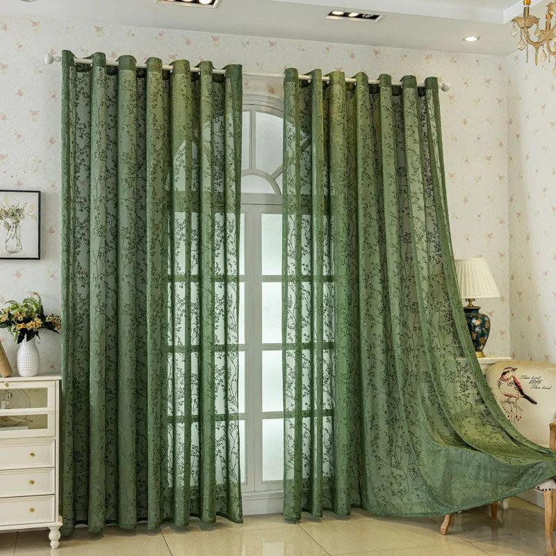 European Style Jacquard Sheer Curtain — Elegant Green Window Panel
