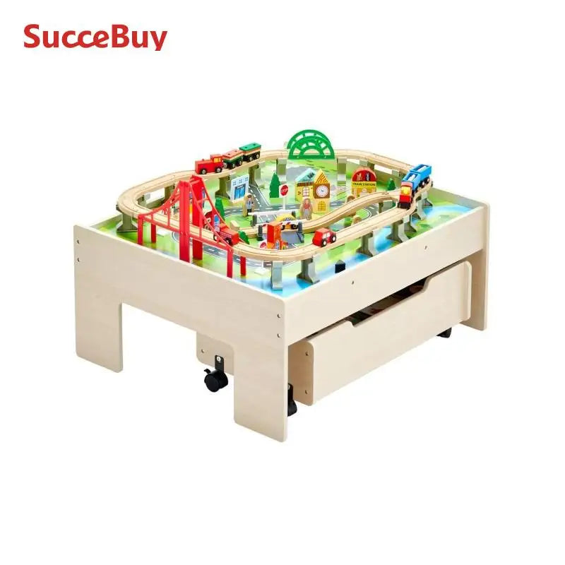 SucceBuy 3-in-1 Wooden Train Table — 100-Piece Activity Set with Storage