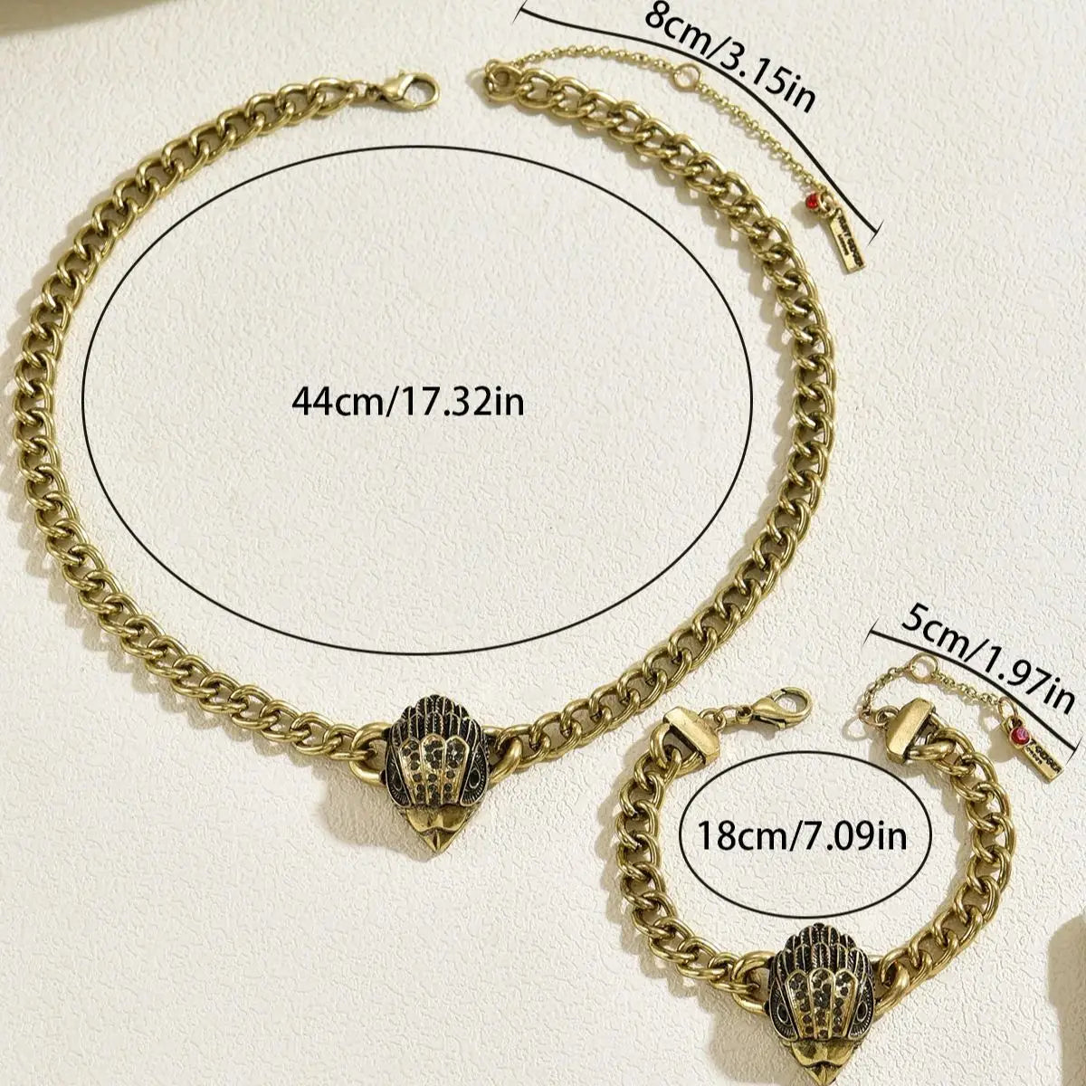 Obega Punk Eagle Head Jewelry Set — Antique Gold Curb Chain Set