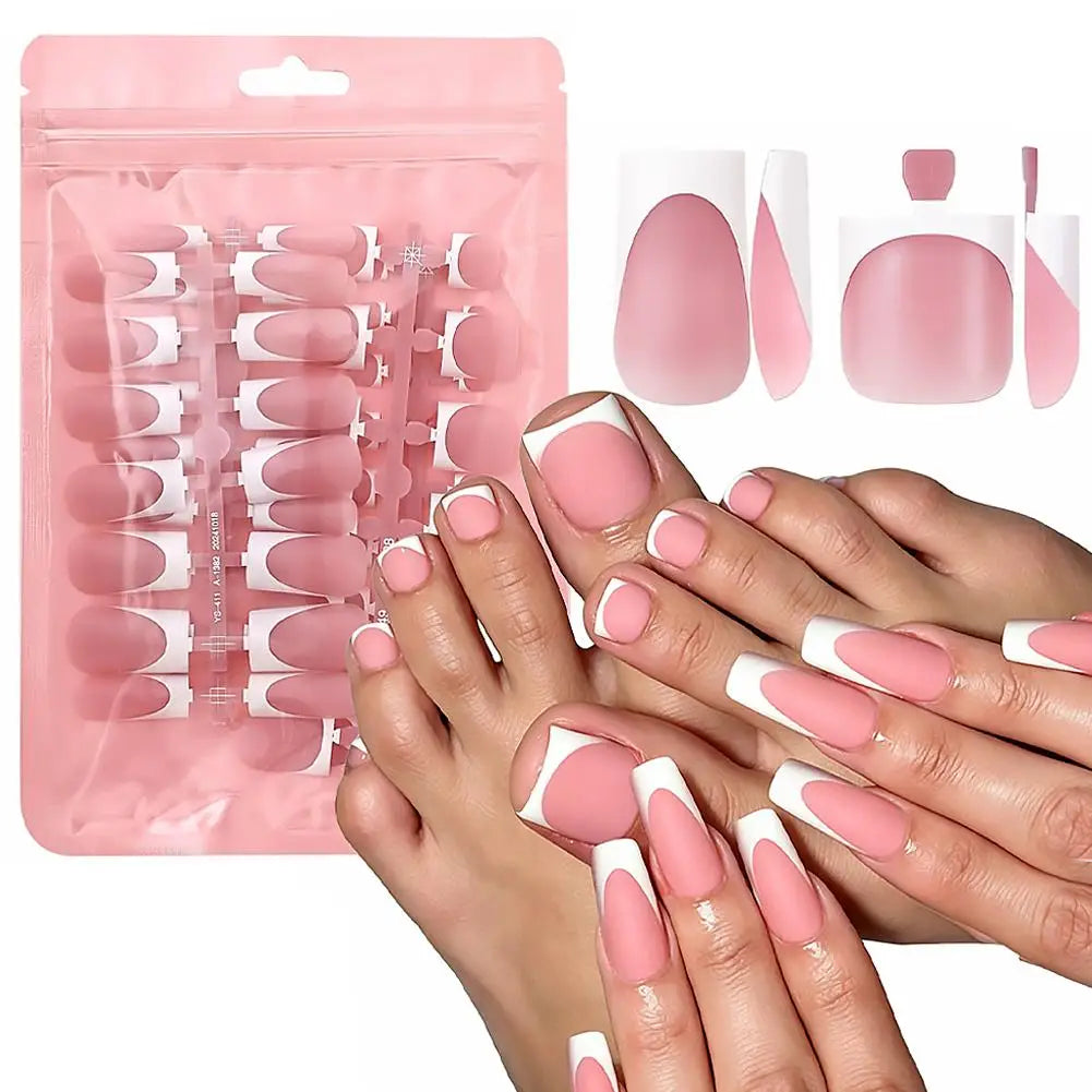 Matte French Tip Press On Nails — Full Cover DIY Manicure Set