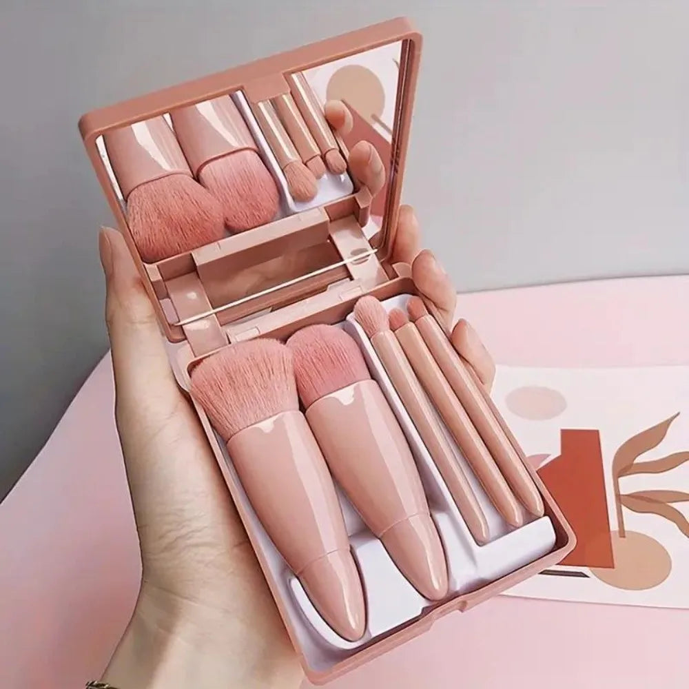 Portable 5-Piece Makeup Brush Set — Compact Travel Kit with Mirror Case