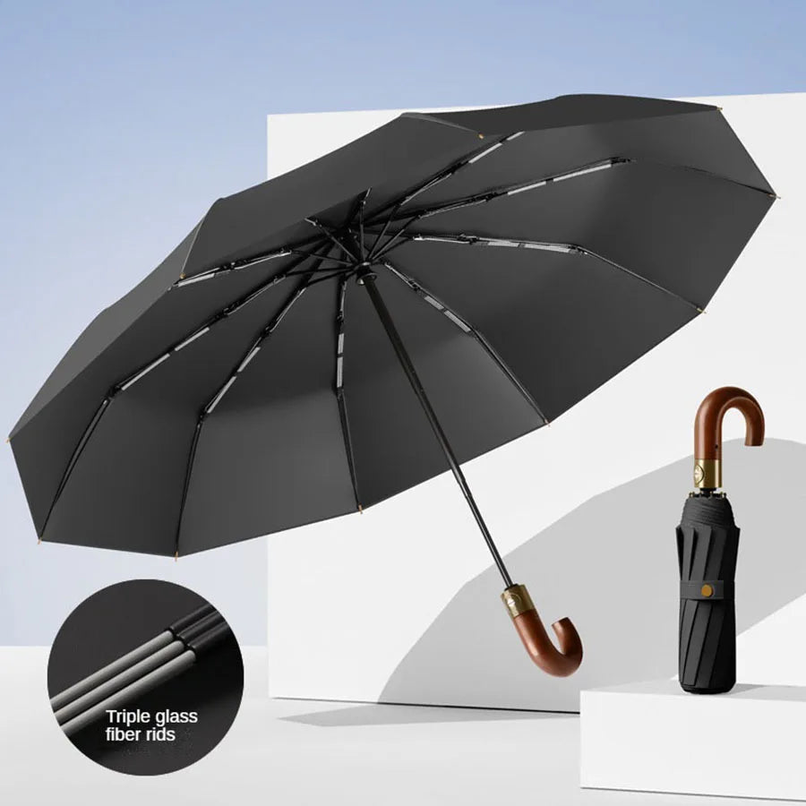 Compact Folding Umbrella — Windproof UV Protection with Curved Handle