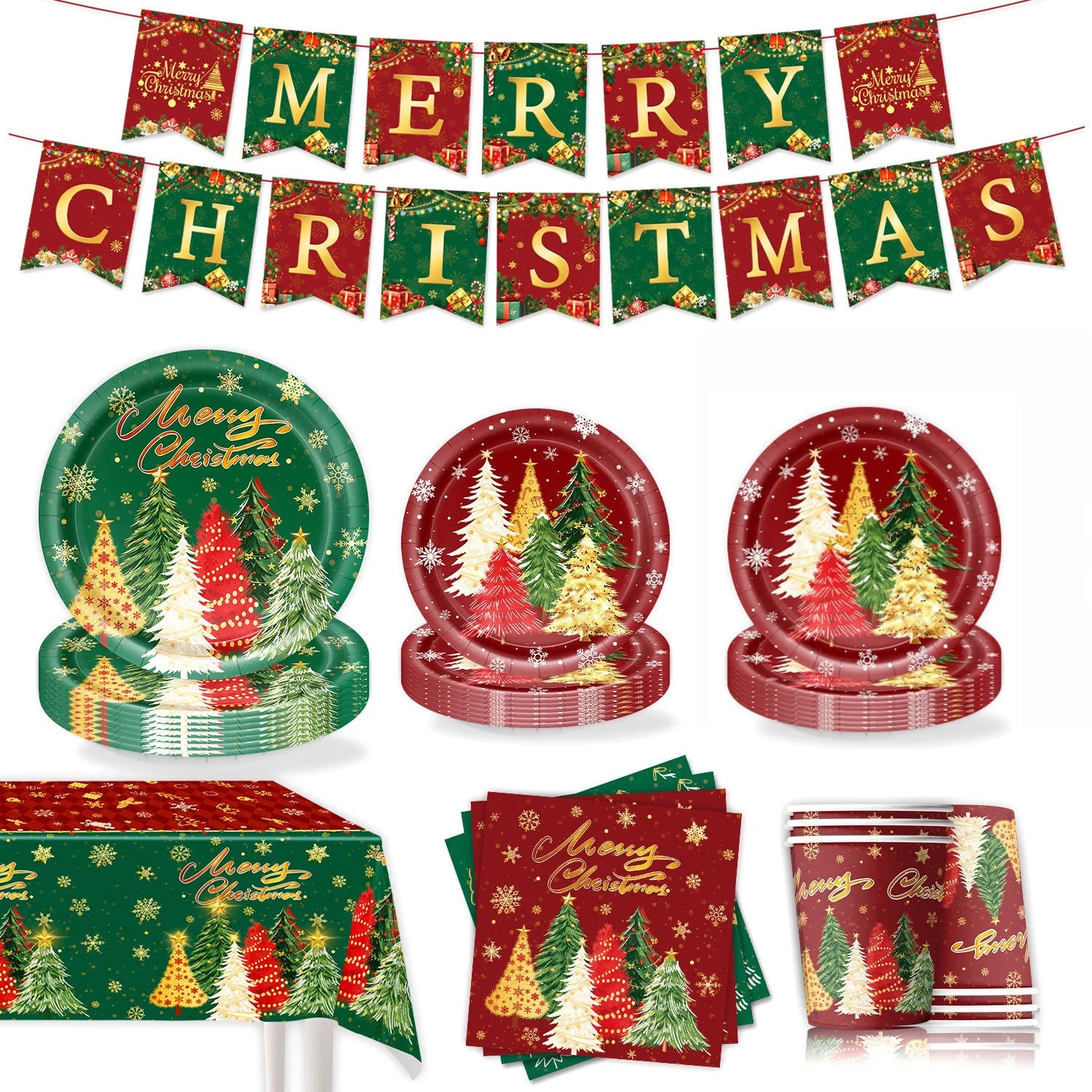 Christmas Tree Themed Tableware Kit — Festive Holiday Party Supplies