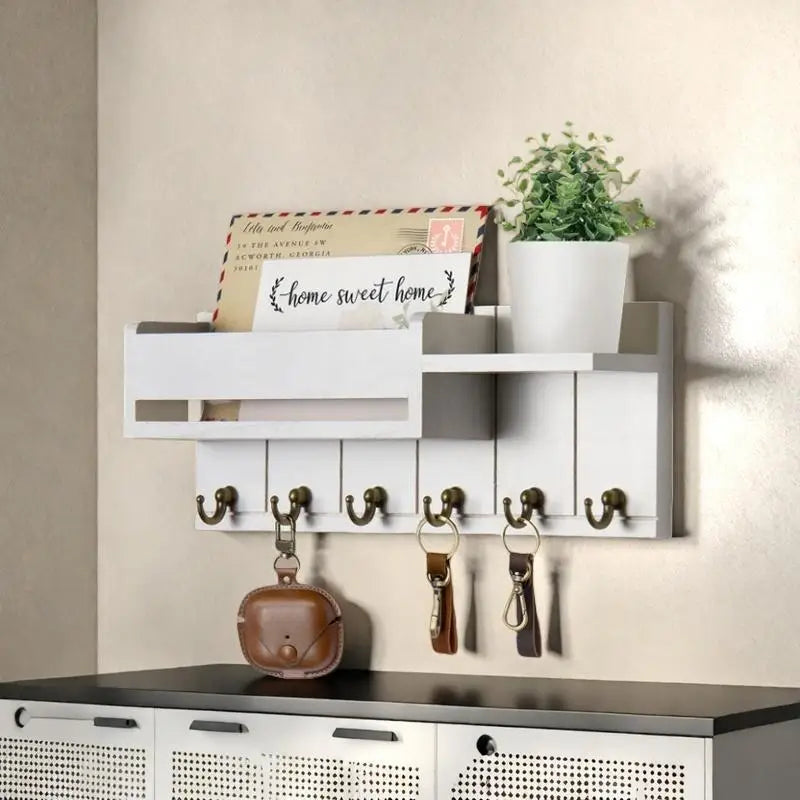 Wooden Wall Mounted Key Holder — Entryway Organizer with Shelf and 6 Hooks
