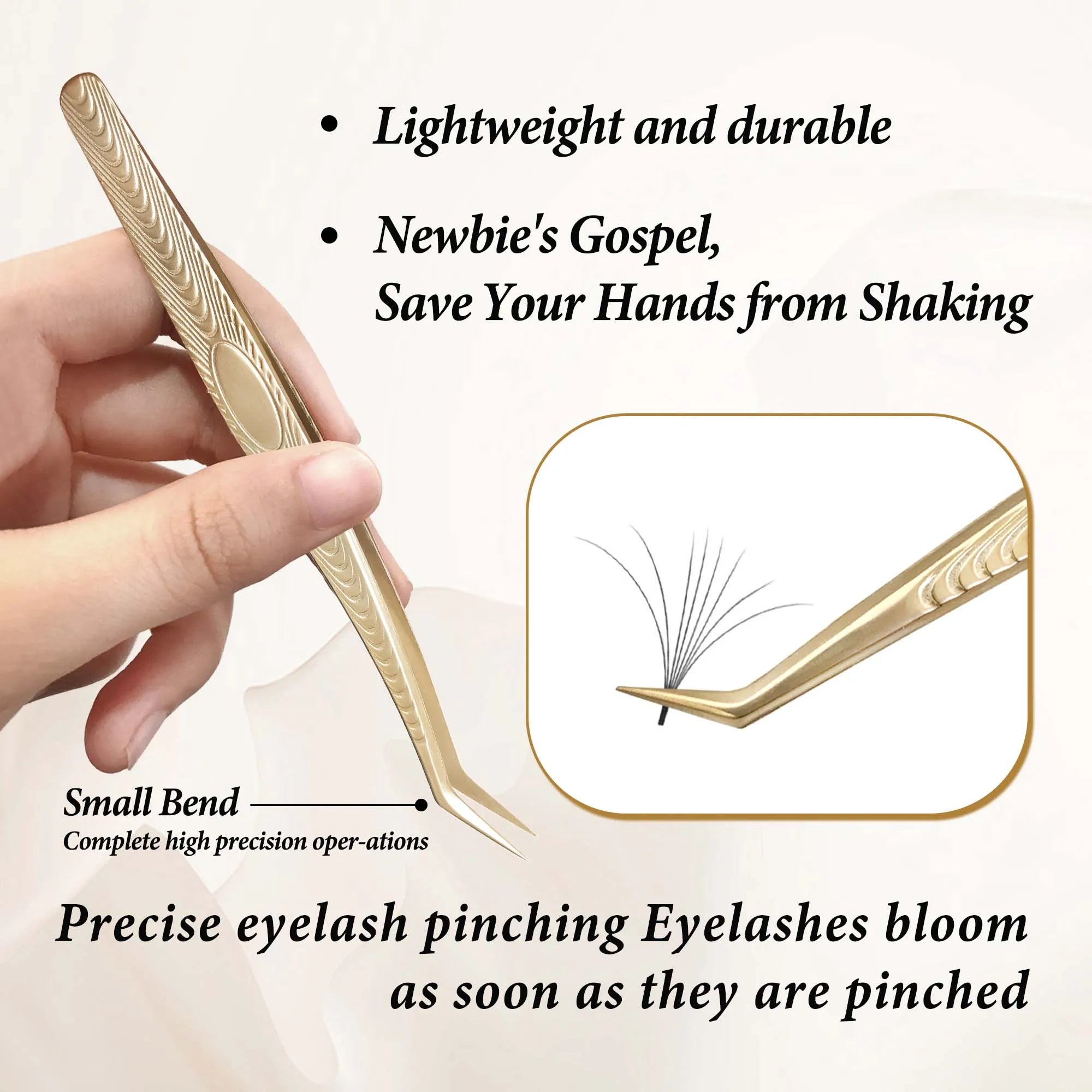 Gold Stainless Steel Eyelash Extension Tweezers — Anti-Slip Wood Grain Design