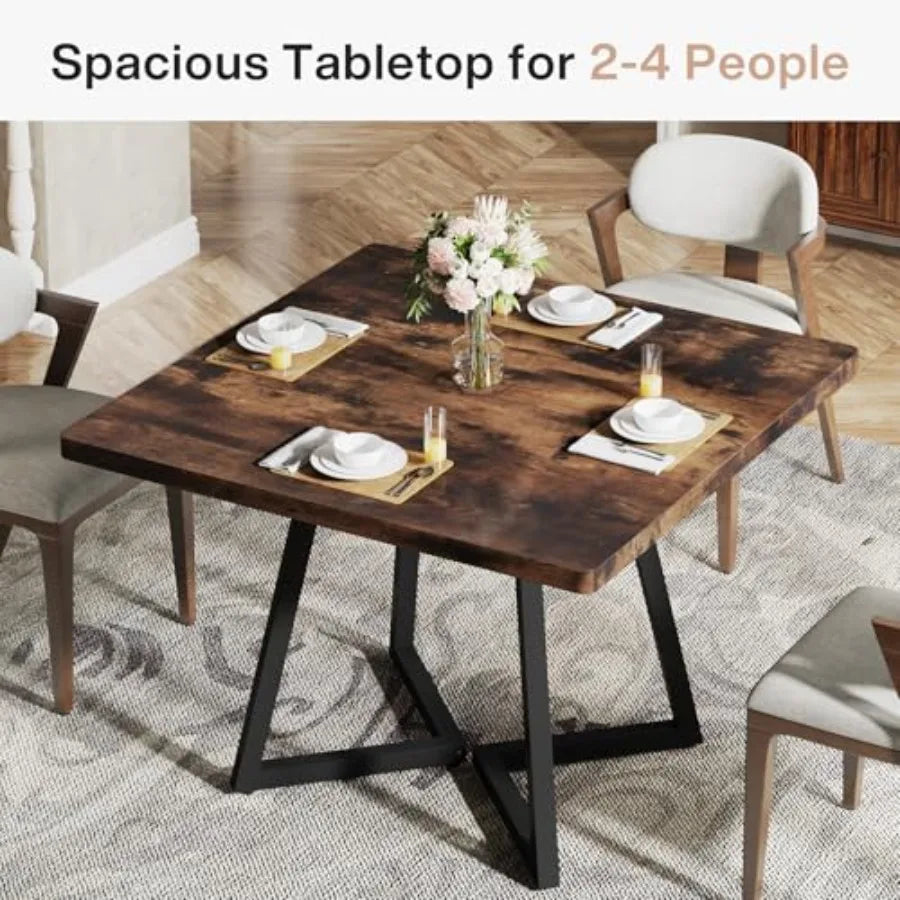 Square Dining Table — Industrial Metal Base & Wood Design, Small Space Solution