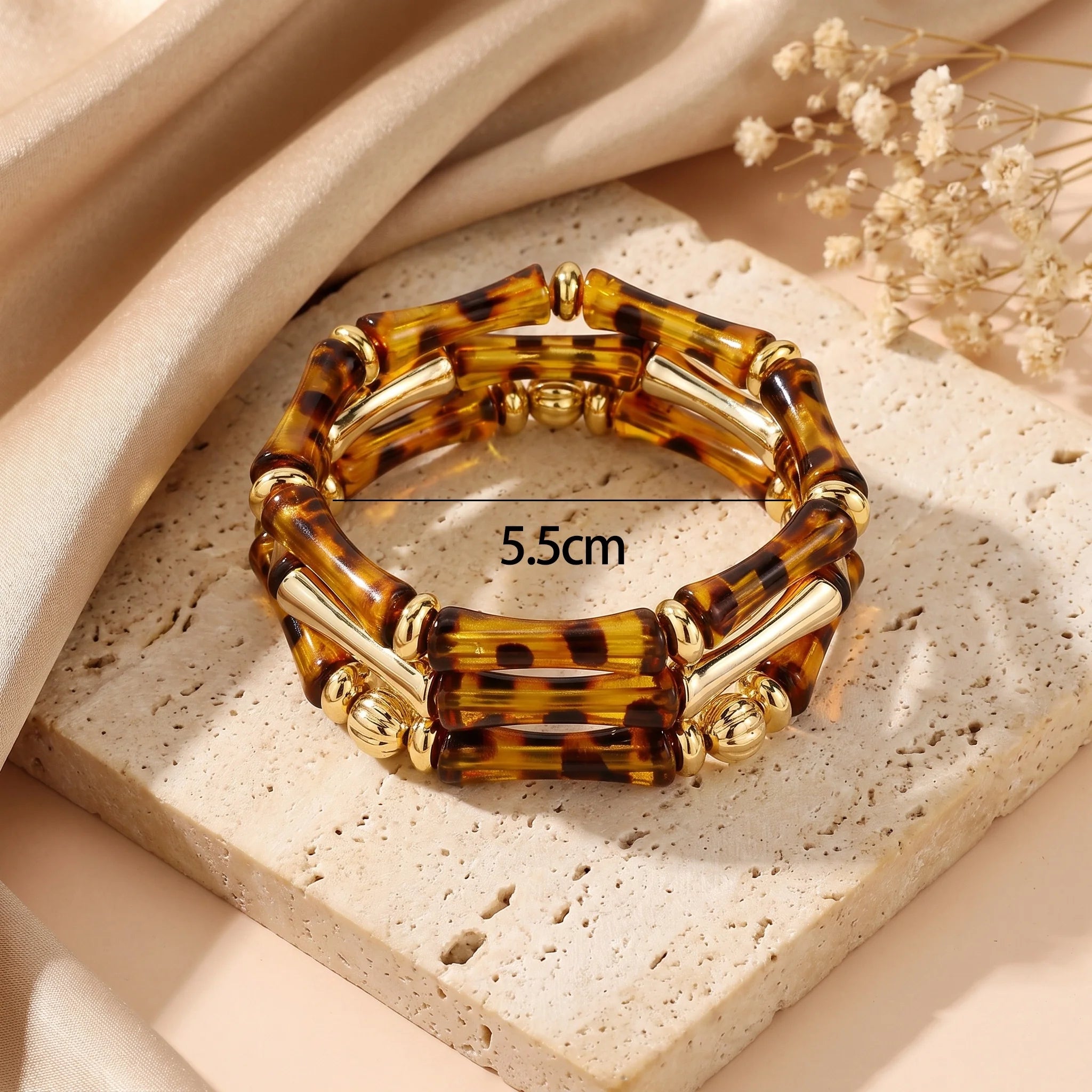 Obega Tortoise Shell Bamboo Tube Bracelet — Vintage Gold Accent Bangle