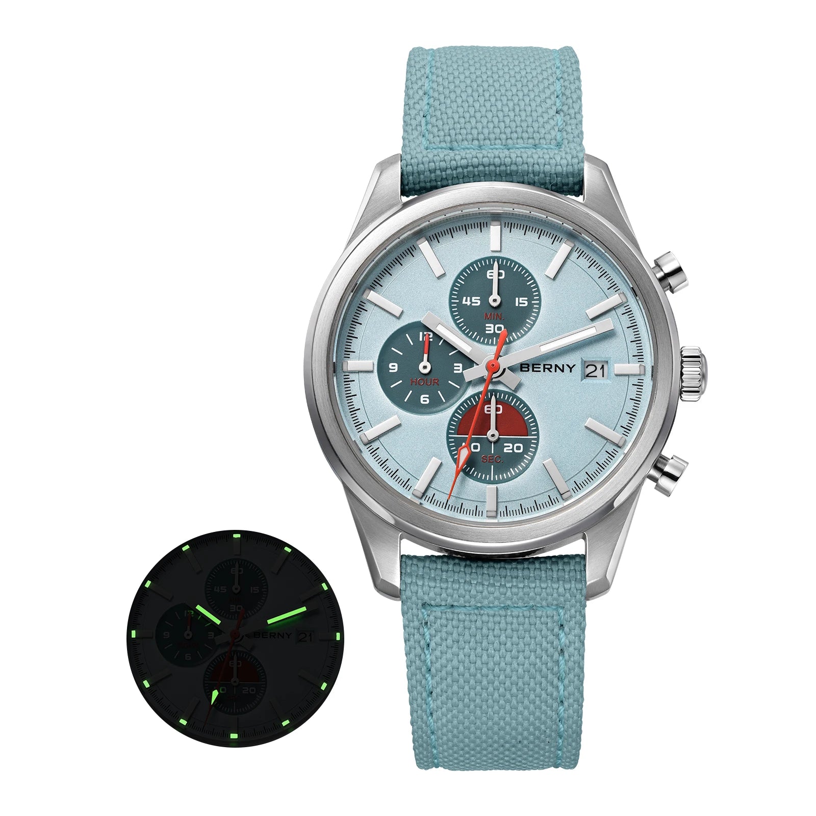 BERNY Chronograph Quartz Men's Watch — Luminous Sport Design with Sapphire Crystal