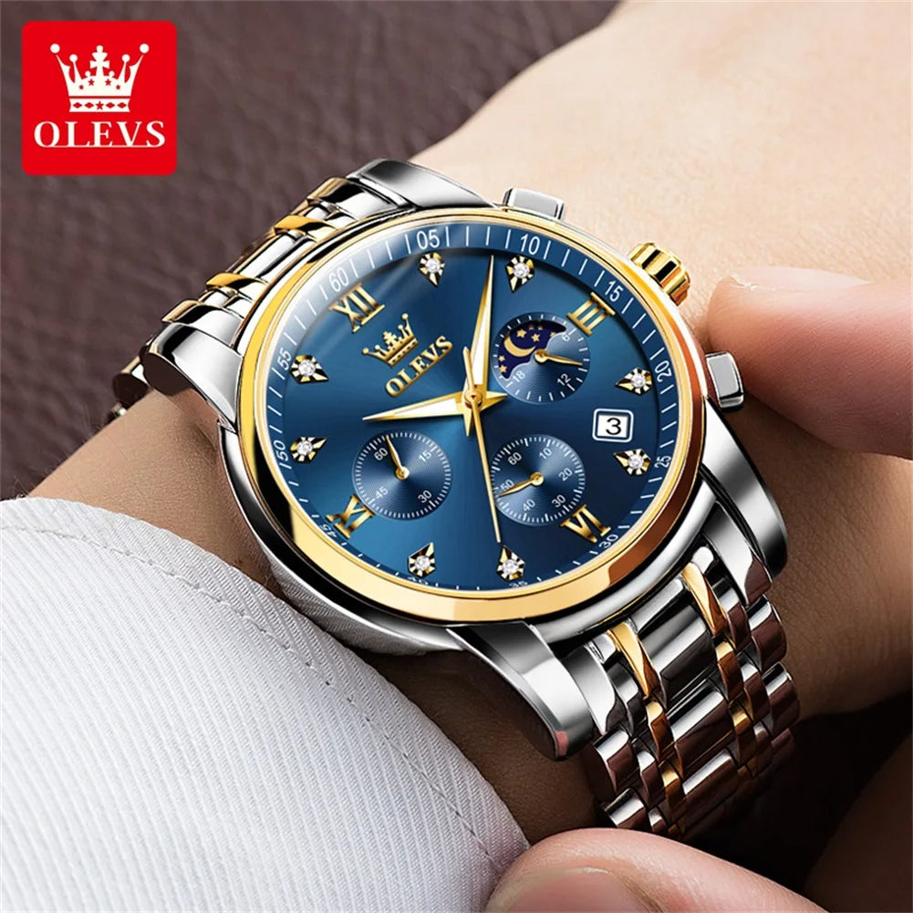 OLEVS 2858 Men's Luxury Watch — Stainless Steel Moon Phase Chronograph