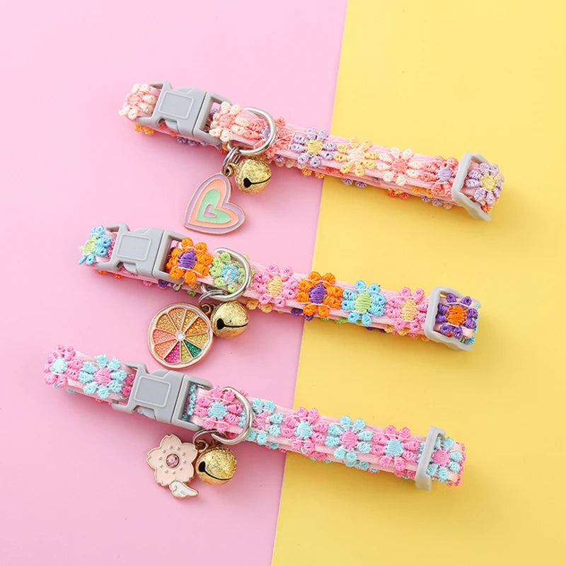 Adjustable Pet Collar with Bell — Colorful Paw Print Pattern for Cats and Small Dogs