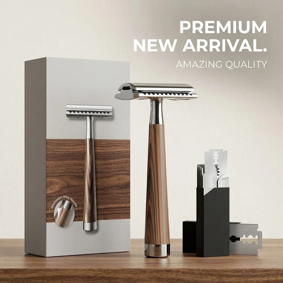 Double Edge Safety Razor — Manual Shaver with Wood Grain Handle