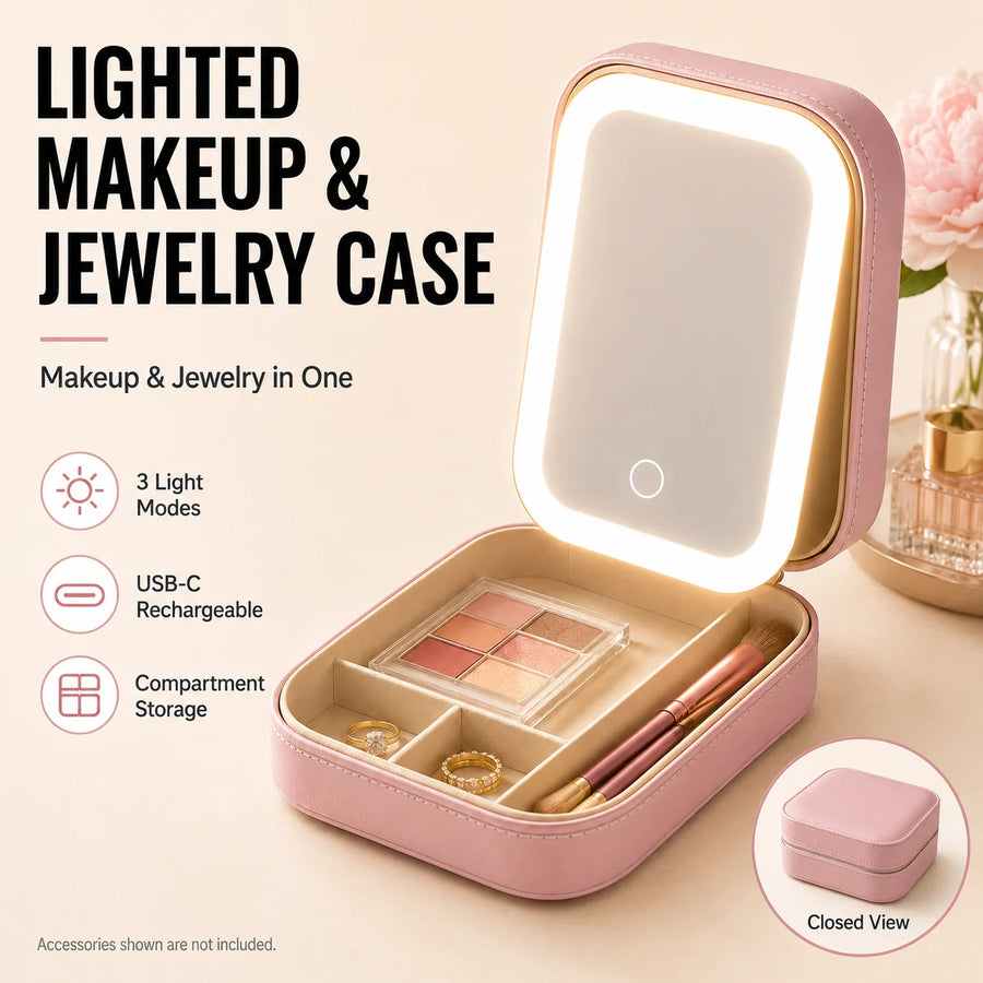 2-in-1 LED Makeup Mirror — Portable Jewelry Storage Box & Travel Light